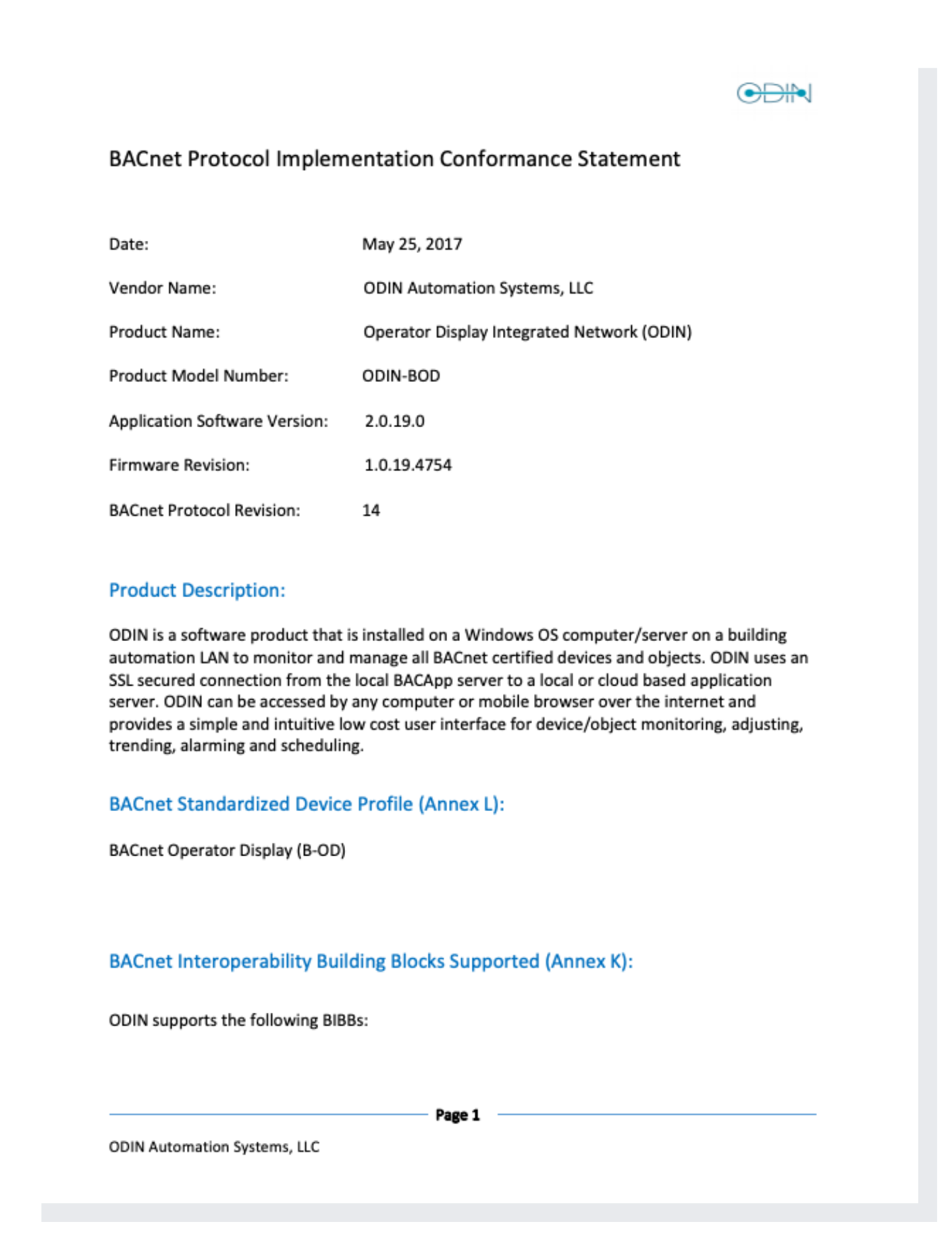 ODIN BACnet Certification ODIN BACnet Certification
